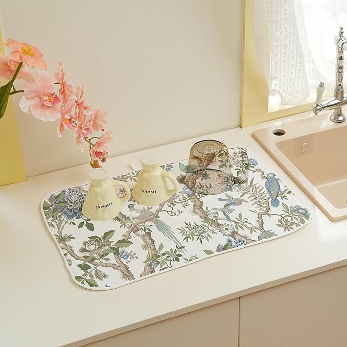 Chinoiserie Dish Drying Mat 18x24 Inches For Kitchen Counter Blue Green Birds Floral Kitchen Decoration Drying Mat Decorative Flower Drying Pad for Kitchen Dining Room Decor