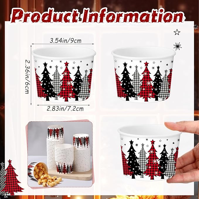 50 Pack Christmas Tree Treat Snack Cups Xmas Red and Black Buffalo Plaid Paper Ice Cream Cups 9 oz Disposable Dessert Bowls Soup Bowls for Hot or Cold Food Winter Xmas Holiday Party Supplies