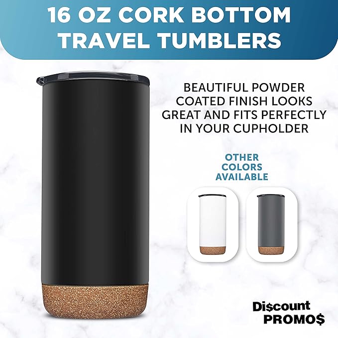 DISCOUNT PROMOS Travel Tumblers with Cork Bottom 16 oz. Set of 10, Bulk Pack - Double Wall Insulated, Matte Finish, Perfect for Iced Coffee, Soda, Other Beverages - Black