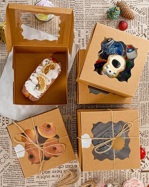 qiqee Kraft Cookie Boxes with Window 100packs 6x6x3 Brown Bakery Box Kraft Paper Boxes for Cookie, Pastry, Cupcake, Pie, Donut