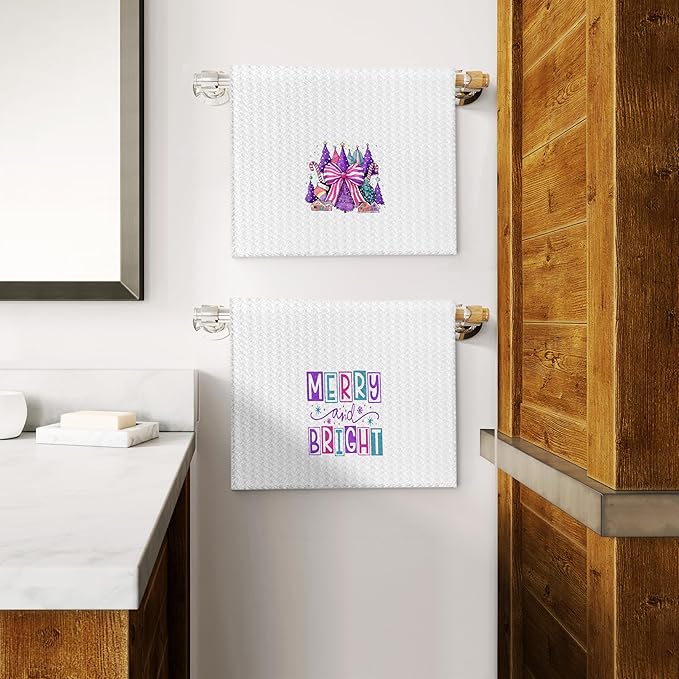 Purple Christmas Tree Kitchen Towels Set of 2, Coquette Bow Xmas Tree Dish Tea Towels for Kitchen, Preppy Christmas Holiday Decorative Hand Towel for Bathroom, 16x24 Inch