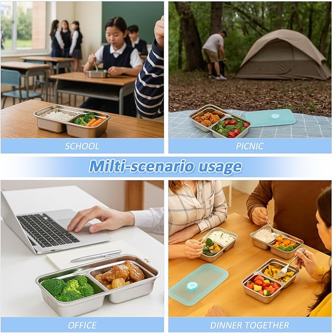 3PCS Grab and Go Snack Containers, Stainless Steel Reusable Double Compartment Snack Box Containers with Lids Dishwasher Safe Travel & Outdoor Camping Portable Food Storage