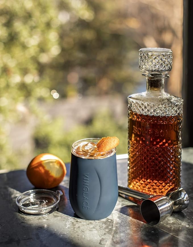 Vinglacé Stainless Steel Stemless Wine Glass- Insulated Wine Tumbler with Glass Insert and Sip Lid, 10 oz, Navy