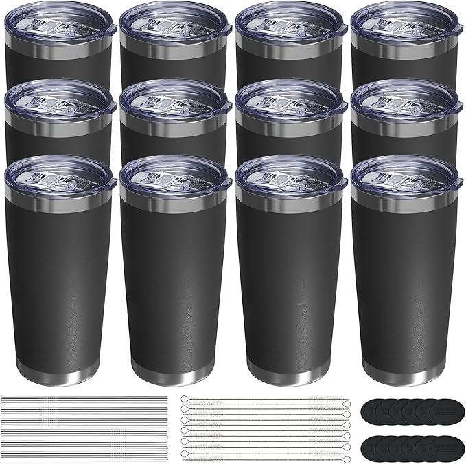 Travel Coffee Tumbler 20oz, 12 Pack Leakproof Travel Coffee Mug with Lid and Straw, Stainless Steel Double Wall Vacuum Insulated Tumbler for Hot/Iced Drinks (Textured Matte, Black)