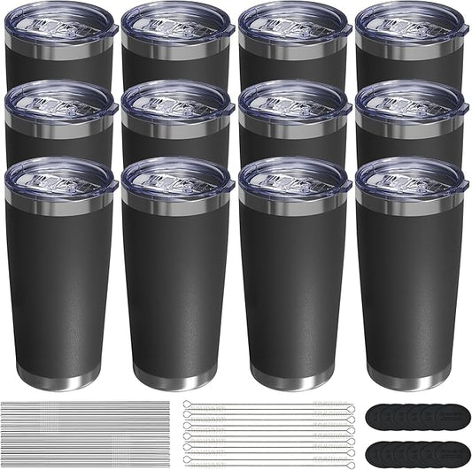 Travel Coffee Tumbler 20oz, 12 Pack Leakproof Travel Coffee Mug with Lid and Straw, Stainless Steel Double Wall Vacuum Insulated Tumbler for Hot/Iced Drinks (Textured Matte, Black)