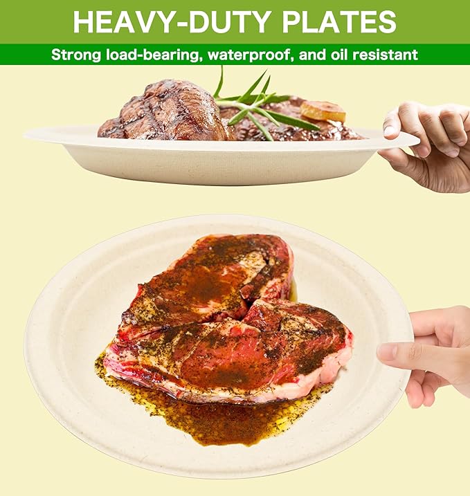 BLUE TOP 100% Compostable Disposable Paper Plates Heavy Duty Waterproof Plates-50 Pack 10 inch Eco-Friendly Plates, Natural Biodegradable Sugarca Bagasse Dinner Plates Unbleached Brown