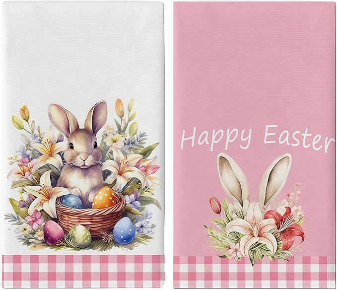 2-Pack Easter Dish Towels - Bunny & Egg Printed Kitchen Towels Set (17.7"x27.5"), Reusable Holiday Decorations & Spring Gift Accessories