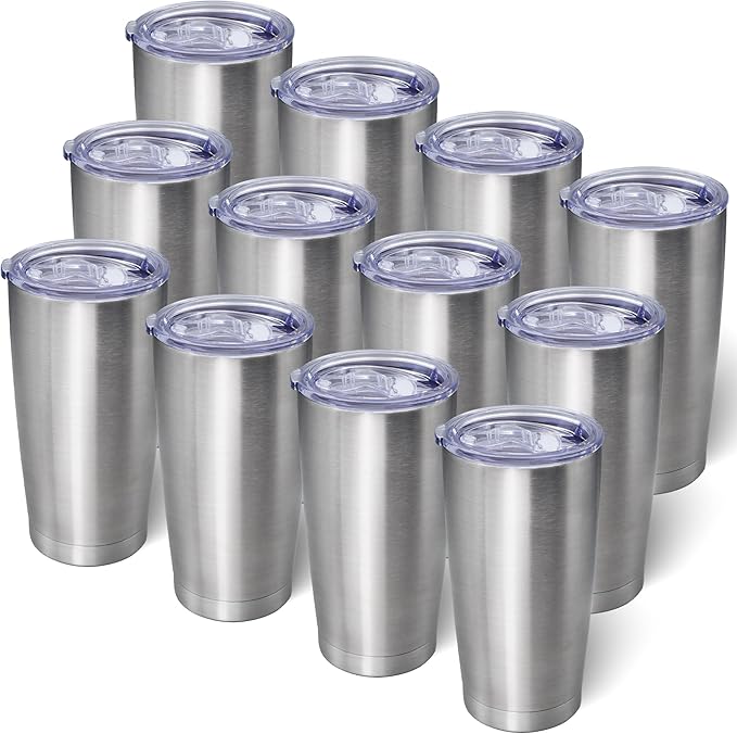 20oz Tumbler Bulk Stainless Steel Tumblers with Lid Vacuum Insulated Double Wall Travel Coffee Mug Powder Coated Tumbler Cup for Hot and Cold Drinks(Stainless Steel, 12 pack)