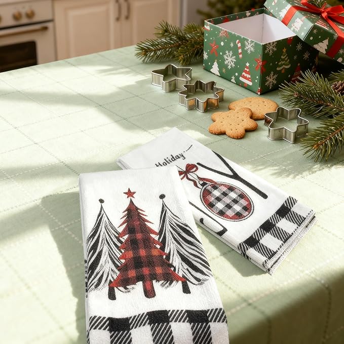 Black & White Buffalo Plaid Christmas Kitchen Towels Set of 2 | 18x26 Inch Dish Towels with Xmas Tree Holiday Decor for Farmhouse Kitchen & Bath