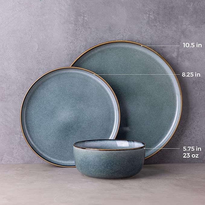 GBHOME Ceramic Dinnerware Sets for 4, 12 Pieces Stoneware Plates and Bowls Sets, Reactive Glaze Dishes -Scratch Resistant, Dishwasher&Microwave Safe, Space Blue