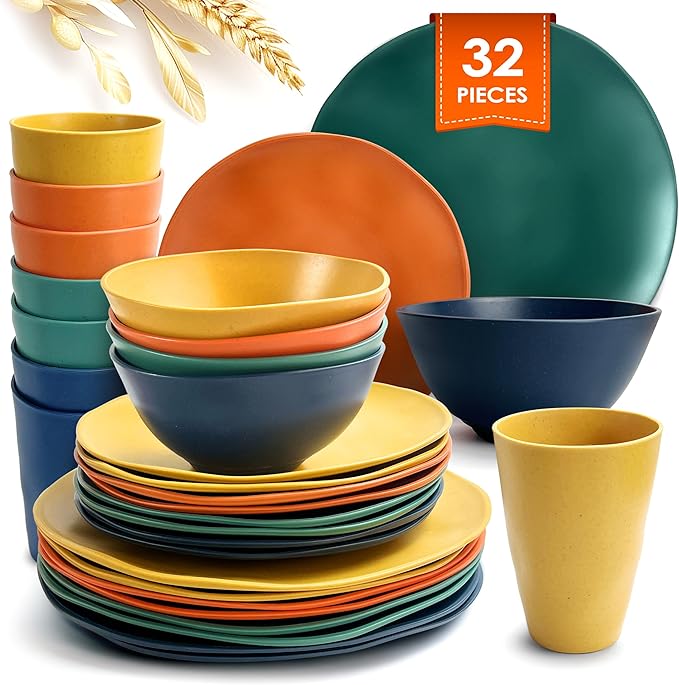 Teivio 32-Piece Kitchen Plastic Wheat Straw Dinnerware Set, Service for 8, Dinner Plates, Dessert Plate, Cereal Bowls, Cups, Unbreakable Plastic Outdoor Camping Dishes, Irregular Autumn Multicolor