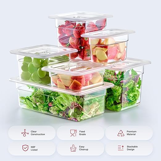 WILPREP 6 Pack Plastic Food Pans with Lids, 1/3 Size 4 in Deep Clear Food Storage Containers, 4.2 qt Stackable Polycarbonate Commercial Hotel Pans for Fruits Vegetables Beans Corns, NSF Listed
