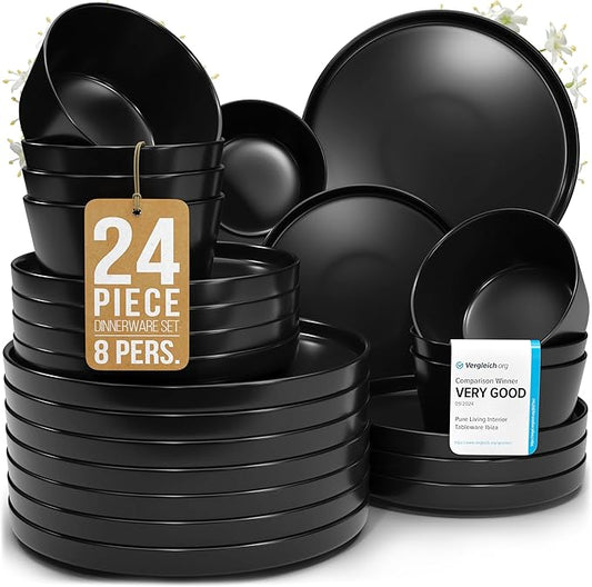 Stoneware dinnerware set 8 persons 24 pcs – Ultra chic matte black plates and bowls set – Dishwasher and microwave safe – Bowl and plate set – Dinner service Pure Living