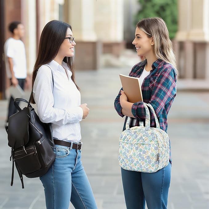 Quilted Lunch Box for Women,Insulated Cute Reusable Lunch Bag with Front Pocket,Pink Flower Stylish Lunch Tote Bag for Work, Office,Picnic, Travel,School (green blue floral)