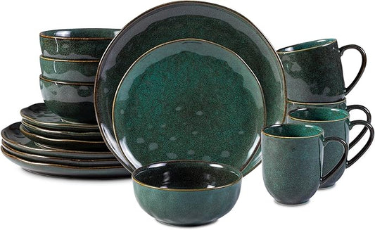 16-Piece Dinnerware Set Service for 4, Plates and Bowls Set, Microwave and Dishwasher Safe,Scratch Resistant, Green