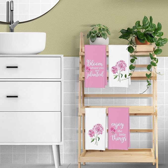 Pink Hydrangea Kitchen Towels Set of 4, Bloom Where You are Planted Pink and White Hydrangea Decorative Hand Towels for Bathroom, Hydrangeas Gifts, 16x24