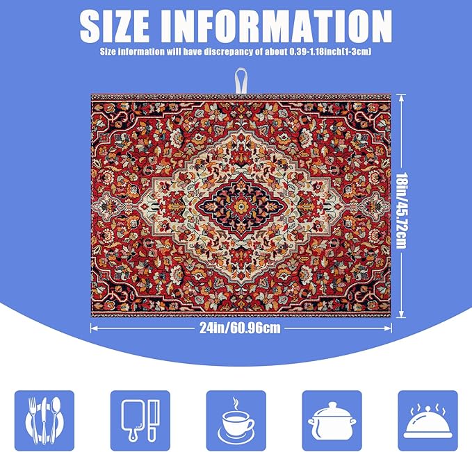 Boho Vintage Ethnic Dish Drying Mat for Kitchen Counter Persian Original Tribal Drying Pad Absorbent Dish Drainer Rack Mats Draining Pad