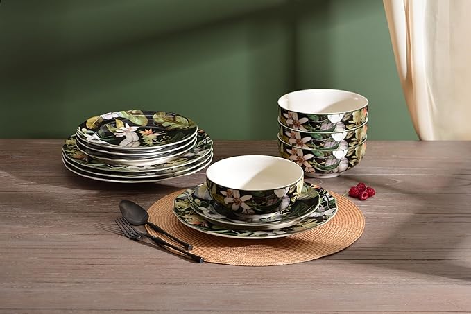 222 Fifth 12-Piece Porcelain Dinnerware Set for 4, Black & White Plates and Bowls Set with Tropical Floral Design, Glossy Ceramic Dish Set, Kitchen Tableware, Microwave & Dishwasher Safe, Borneo