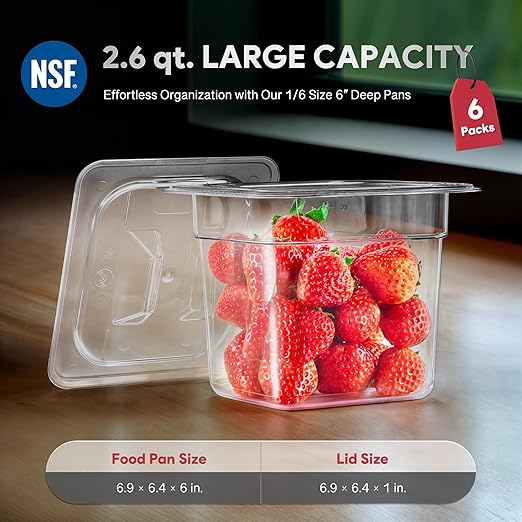 Wilprep 6 Pack Plastic Food Pans with Lids, 1/6 Size 6 in Deep Clear Food Storage Containers, 2.6 qt Stackable Polycarbonate Commercial Hotel Pans for Fruits Vegetables Beans Corns, NSF Listed