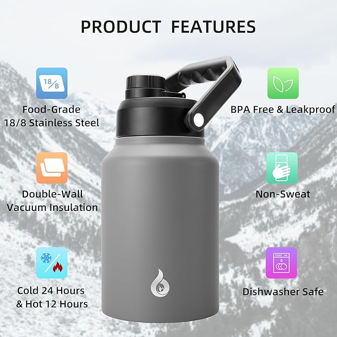BJPKPK 64 oz Insulated Water Bottle, Dishwasher Safe Half Gallon Water Bottle with Ergonomic Handle, BPA Free Leak Proof Water Jug for Sports, Metal Thermo with Anti-slip Bottom, Grey