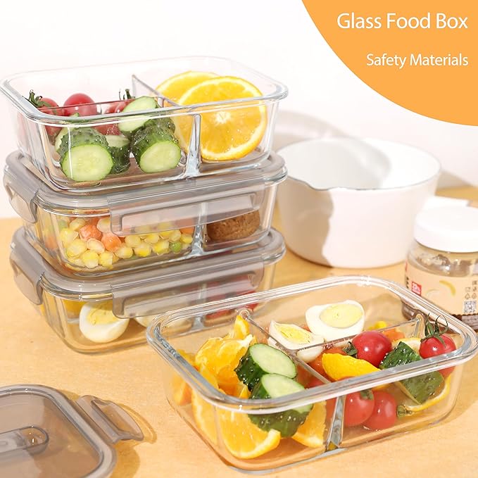5-Pack Glass Storage Containers,Glass Food Container with Lid,Lunch Box,Bento Box,Storage Box,Meal Prep Containers,Lunch Containers,Fruit Preservation Boxes,Three-partition-Light Gray