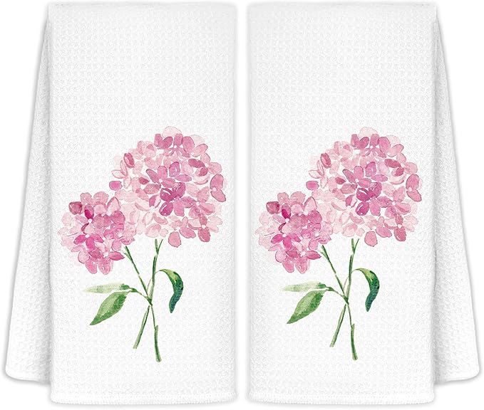 Pink Hydrangea Flowers Floral Kitchen Towels Set of 2 - Flowers Decorative Hand Towels for Bathroom, Pink Hydrangea Decor Dish Towels for Kitchen, Floral Hand Towels, 16x24