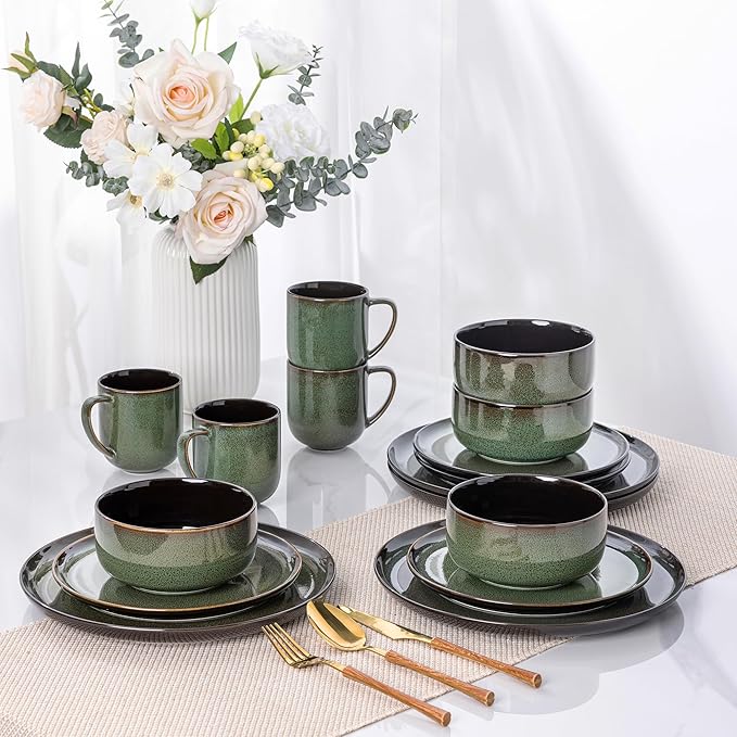 LERATIO Ceramic Dinnerware Sets for 4,16-PieceReactive Glaze Plates and Bowls Set with Mugs,Highly Chip and Crack Resistant | Dishwasher,Microwave & Oven Safe Dishes set-Green