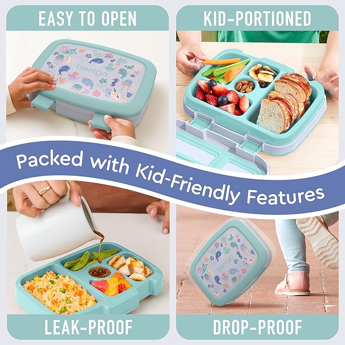 Bentgo Kids Prints Leak-Proof, 5-Compartment Bento-Style Kids Lunch Box - Ideal Portion Sizes for Ages 3-7, Durable, Drop-Proof, Dishwasher Safe, & PFAS & BPA-Free Materials (Sea Life)