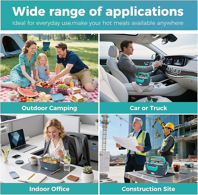 80W Electric Lunch Box for Car & Truck,12V/24V/110V Green Portable Warmer with 304 Stainless Steel Container,Ideal for Drivers & Office(Gray + Blue)