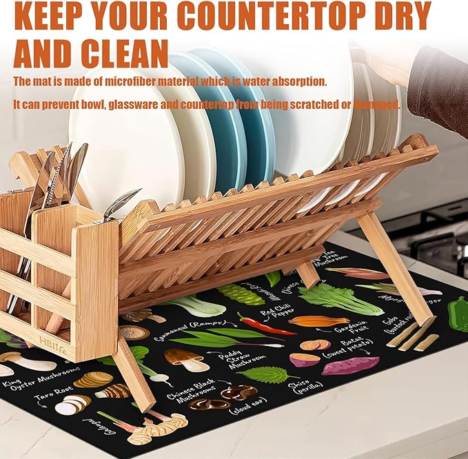 Vegetables Dish Drying Mat for Kitchen Counter Microfiber Absorbent Dish Kitchen Drying Mat Draining Reusable Washable for Dishes/Utensils/Counterto