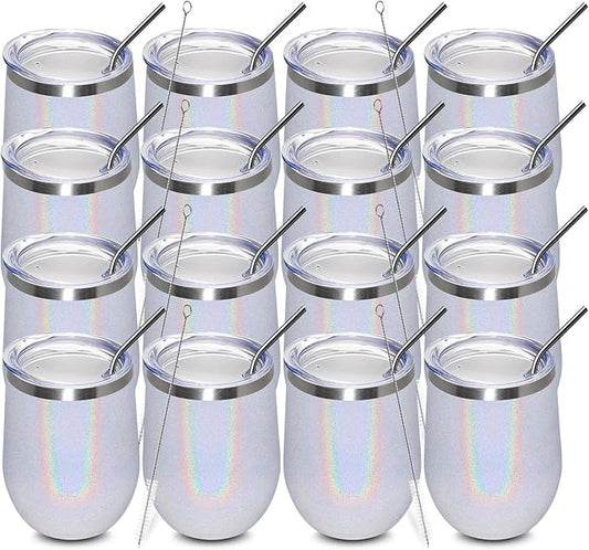 MEWAY 12oz/16 Pack Wine Tumbler Glasses with Lid - Stemless Double Wall Vacuum Stainless Steel Glitter Tumbler - Keeping Cold & Hot Cup for Coffee,Gift for Women(Rainbow White,Set of 16)