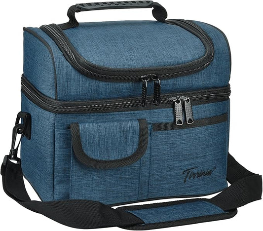 Tirrinia Reusable Lunch Box for Men Women, Insulated Lunch Bag Adult Work, Double Decker Leakproof Lunchbox for Office Picnic Beach—Dual Compartment Lunch Cooler Bag,Dark Blue