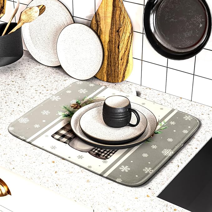 Winter Christmas Dish Drying Mat 16x18 for Kitchen Counter Xmas Joy Poinsettia Flower Berry Snowflake Absorbent Microfiber Fast Dry Dishes Draining Mats Holiday Kitchen Decor