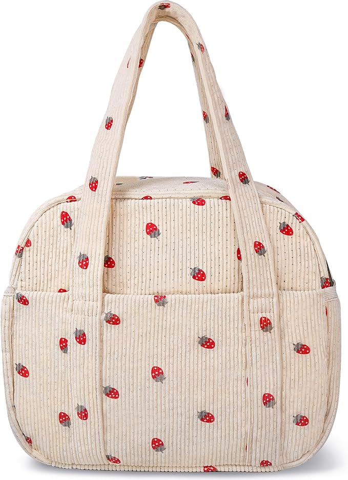 Yarnic Lunch Bag Women Men Insulated, Large Corduroy Lunch Box for Work with Bottle Pockets, Stylish Reusable Cooler Tote for Adults Teachers Picnic Hiking (Small Strawberry)