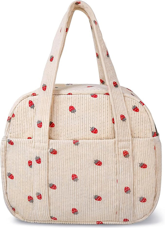 Yarnic Lunch Bag Women Men Insulated, Large Corduroy Lunch Box for Work with Bottle Pockets, Stylish Reusable Cooler Tote for Adults Teachers Picnic Hiking (Small Strawberry)