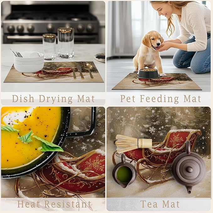 Winter Christmas Sleigh Dish Drying Mat, Vintage Xmas Holiday Absorbent Dish Drainer Reusable Washable Drying Mat Pad for Kitchen Counter, Rustic Christmas Decor, 12×15 Inch