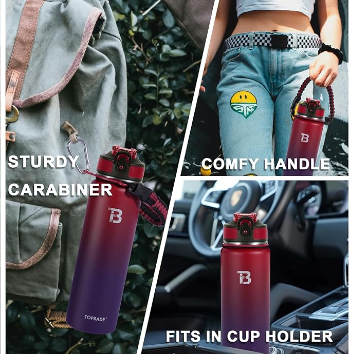 32oz Insulated Water Bottle with Straw Lid & Spout Lid & Paracord Handle, Stainless Steel Water Bottle Wide Mouth, Double Wall for Women Men Gym Fitness Outdoor