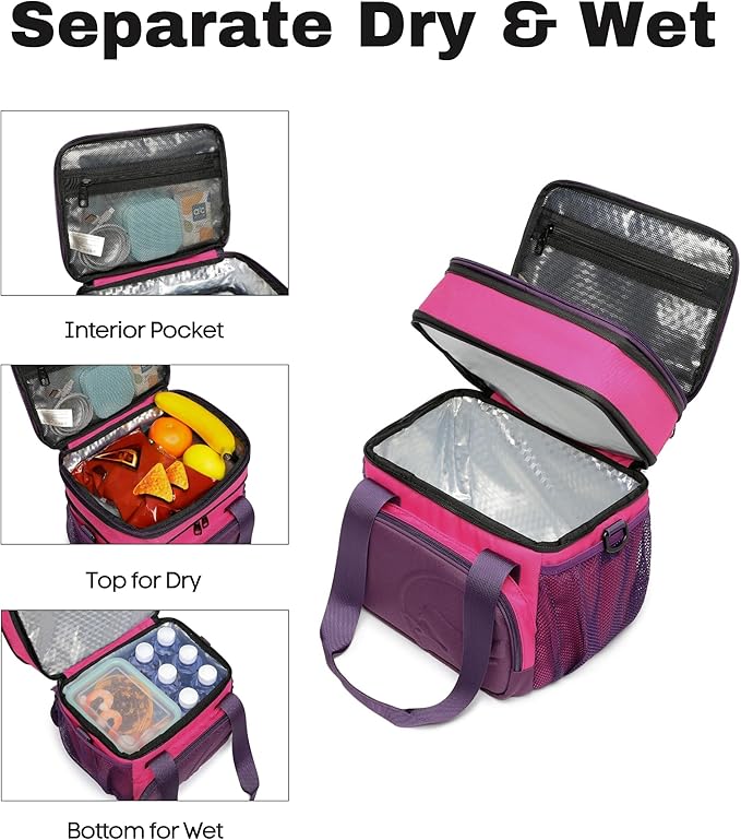 SUNNY BIRD Dual Compartment Lunch Bag, 13L Insulated Adult Lunch Box for Work (Purple)