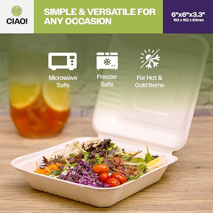 CIAO! 6"x6"x3" Clamshell 1 Compartment 100% Compostable Ecofriendly PFAS Free Unbleached Bagasse Natural White (500/case)