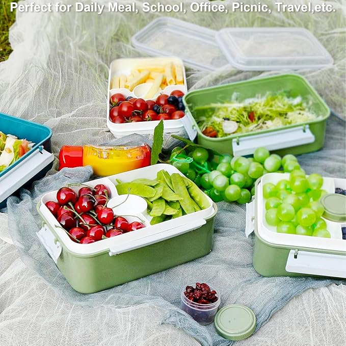 Shopwithgreen Set of 3 Salad Food Storage Container To Go, School & Travel,Food Prep Storage Containers with Lids (Khaki Green&Khaki Green&Khaki Green)