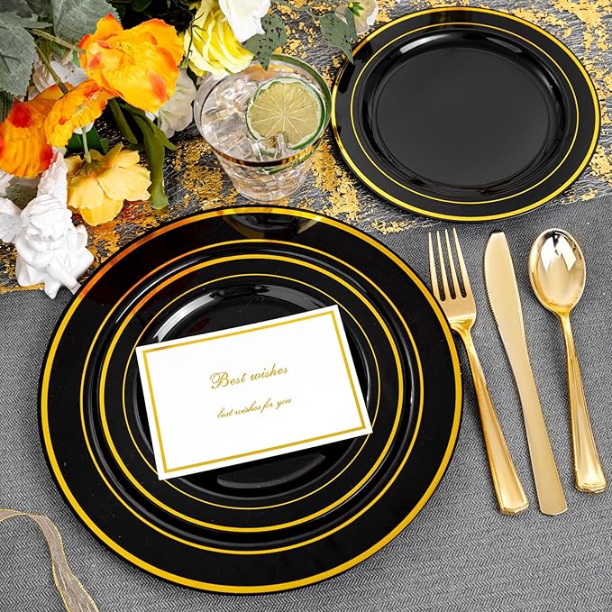 bUCLA 150 Pieces Black and Gold Disposable Dinnerware Set - 25 Guests Black Gold Plastic Plates Include 25 Dinner & 25 Dessert Plates, 25 Spoons, 25 Forks, 25 Knives, 25 Cups for Party & Halloween