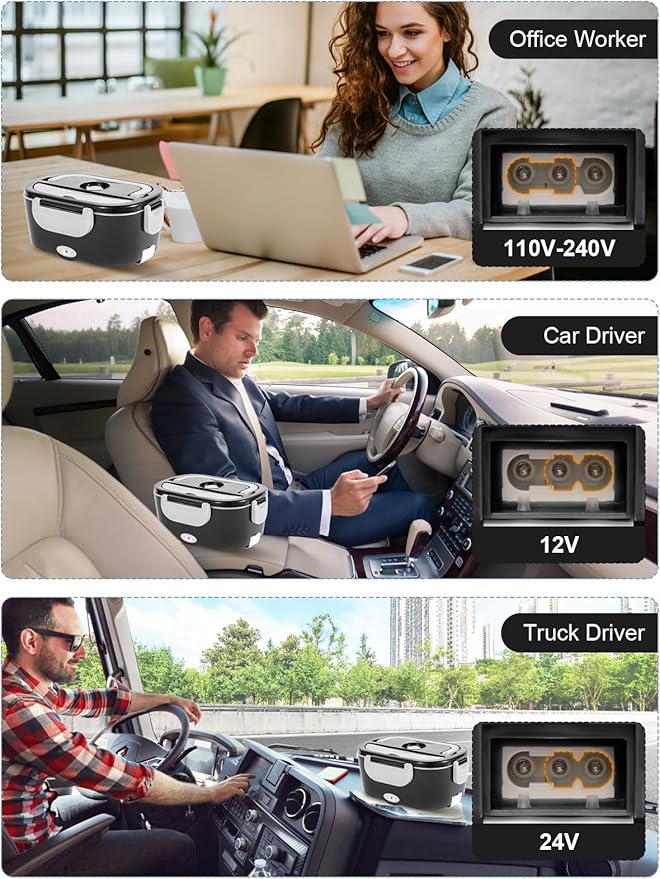 80W Electric Lunch Box for Adults, 1.5L Stainless Steel Food Warmer Lunchbox, 12V/24V/110V Portable Heated Lunch Box for Car/Truck/Office, Leak-Proof, Dishwasher-Safe with Fork & Spoon (Black)