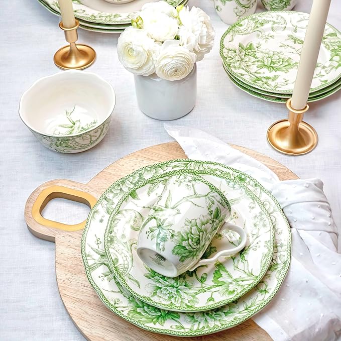 222 Fifth Adelaide Moss 16-Piece Porcelain Dinnerware Set – Service for 4, Plates, Bowls & Mugs, Hand-Applied Decal, Microwave & Dishwasher Safe, for Everyday Dining & Entertainment