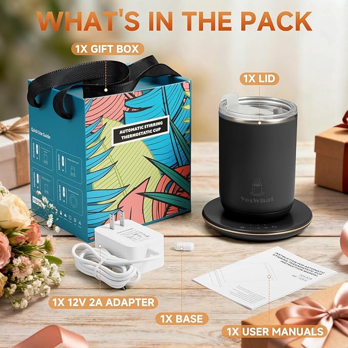 Temperature Control Self Stirring Coffee Mug with Lid, Automatic Heated Coffee Milk Cocoa Cup, Black 11 oz Smart Stainless Steel Mug Warmer with USB Type-C