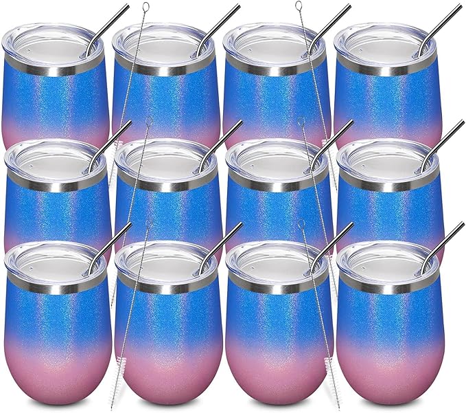 MEWAY 12oz/12 Pack Wine Tumbler Glasses with Lid - Stemless Double Wall Vacuum Stainless Steel Glitter Tumbler - Keeping Cold & Hot Cup for Coffee,for Women(Gradient Pink,Set of 12)