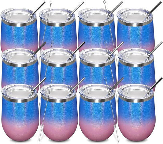 MEWAY 12oz/12 Pack Wine Tumbler Glasses with Lid - Stemless Double Wall Vacuum Stainless Steel Glitter Tumbler - Keeping Cold & Hot Cup for Coffee,for Women(Gradient Pink,Set of 12)