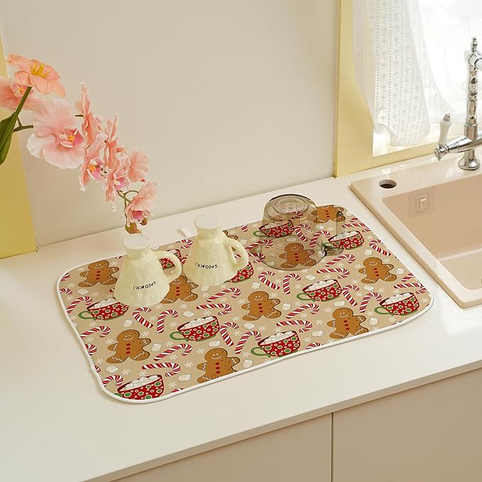 Christmas Dish Drying Mats 18x24 Inch Candy Cane Snowflake Gingerbread Man Drying Mats Xmas Winter Holiday Kitchen Decor Absorbent Drying Pad Rack Drainer Mats for Kitchen Dining Room Counter