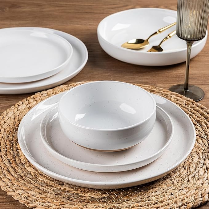 AmorArc Ceramic Dinnerware Sets with Pasta Bowls for 4, Handpainted Plates and Bowls Set with Rustic Terracotta Underside, Scratch Resistant Dishes Set, Dishwasher & Microwave Safe, 16 Pcs