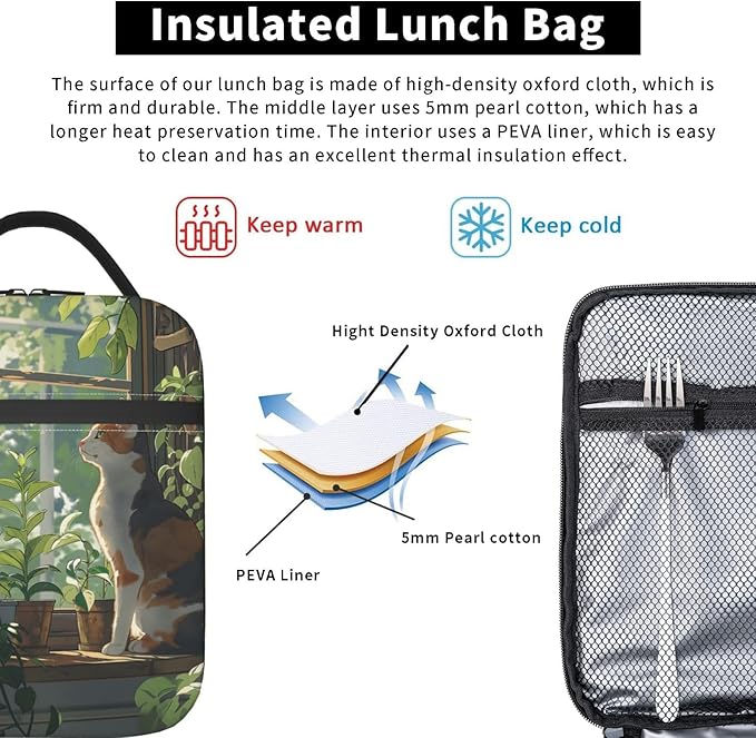 Serene Cat and Plant Haven Lunch Box for Women Men, Insulated Lunch Box, Reusable Lunch Bag for Office, Work, Picnic, Travel
