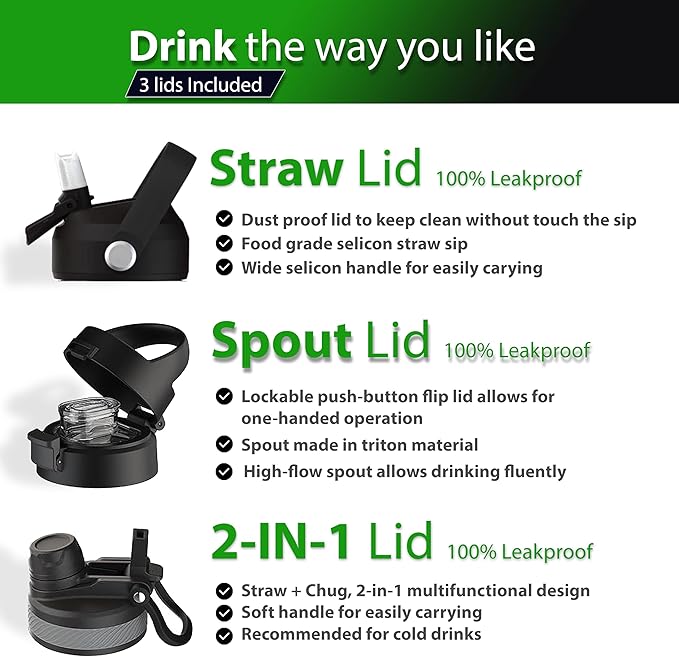 32oz Insulated Water Bottle with Straw & Handle- 24hr Cold/12hr Hot, Leakproof Stainless Steel Metal Bottle for Gym, Travel & Sports